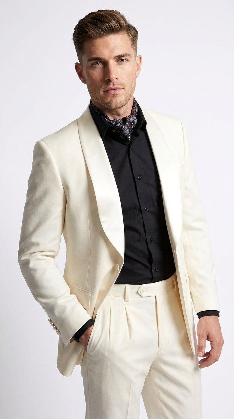 Men’s Champagne Ivory Shawl Collar Suit, 1 Button Cream Off White Dinner Jacket Tuxedo