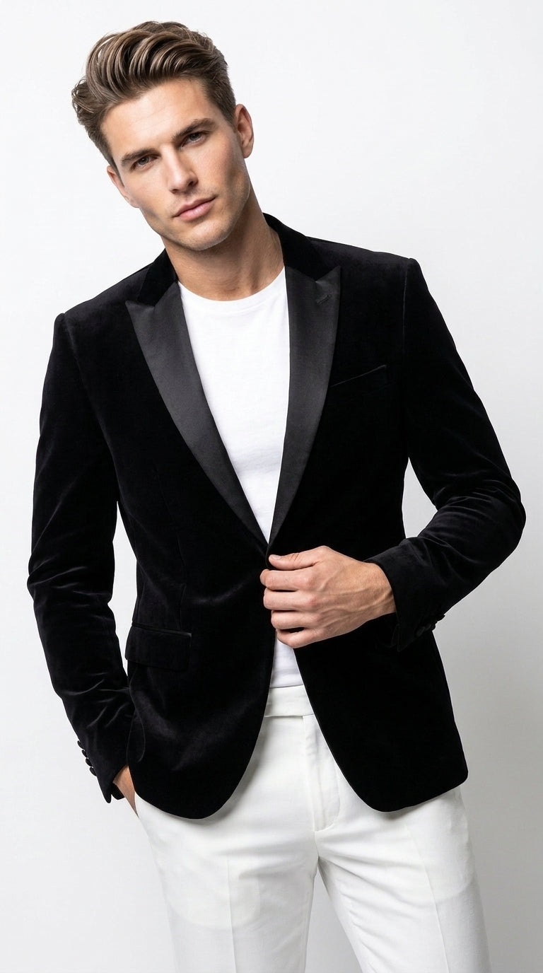 Men’s Black Velvet Blazer – 2 Button Velour Tuxedo Dinner Jacket