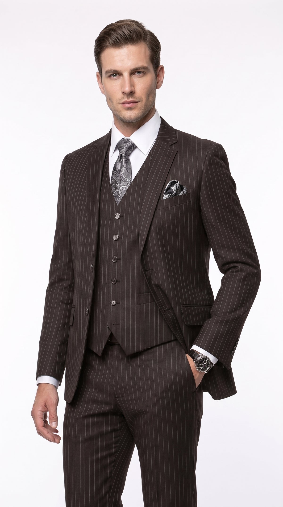 Men’s Jet Black Chalk White Pinstripe 3 Piece Suit, Super 150s Italian Fabric Vested Formal Suit