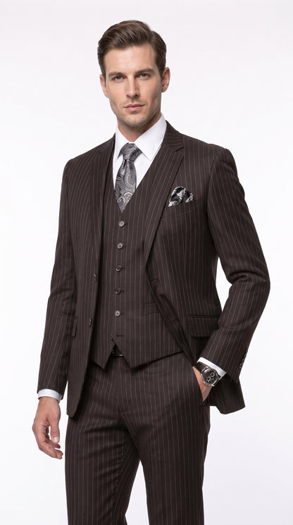 Men’s Jet Black Chalk White Pinstripe 3 Piece Suit, Super 150s Italian Fabric Vested Formal Suit