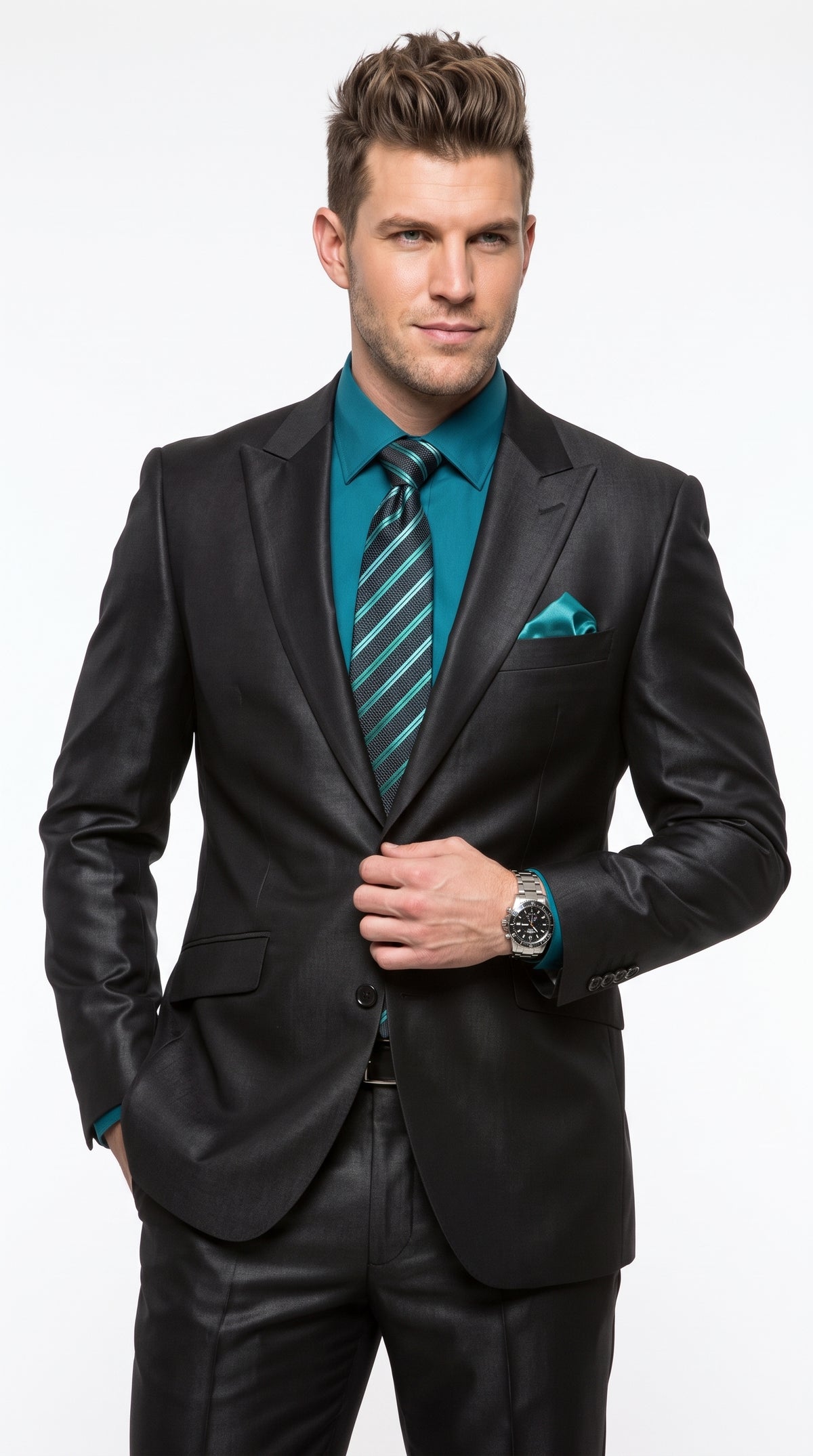Men’s Black Sharkskin 1 Button Suit, Modern Fit Peak Lapel Wool Blend Formal Dress Suit