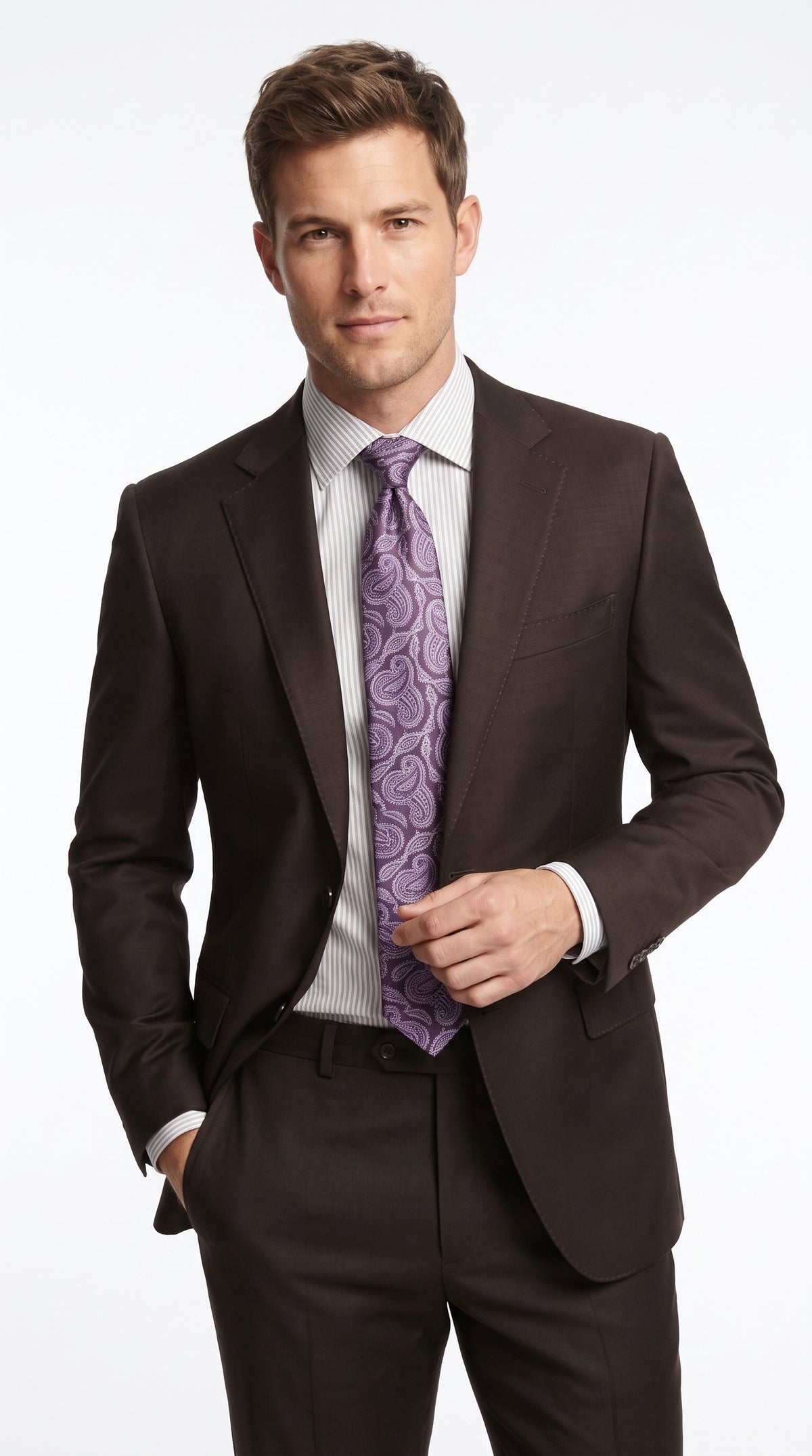 Men’s Brown Super 150s 2 Piece Suit, Classic 2 Button Formal Wedding Business Suit