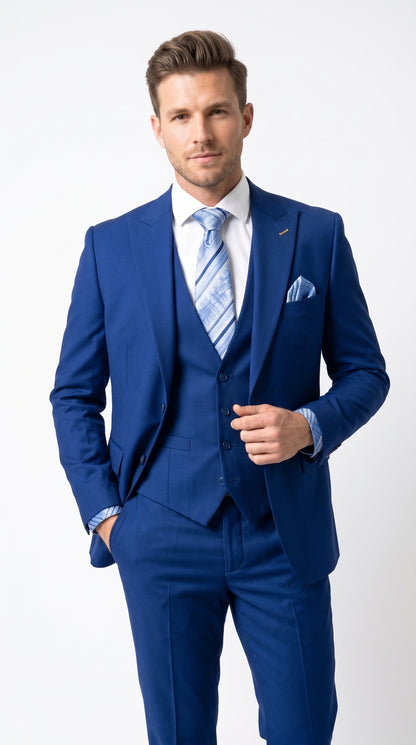 Men’s Royal Blue 3 Piece Vested Suit, 2 Button Peak Lapel Formal Wedding Prom Business Suit
