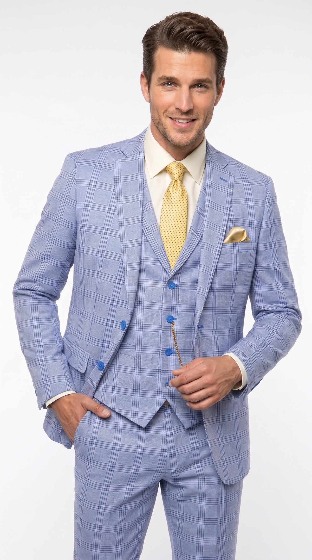 Men’s Sky Blue Glen Plaid 3 Piece Suit SV2W6, Windowpane Checkered Vested Formal Wedding Prom Suit