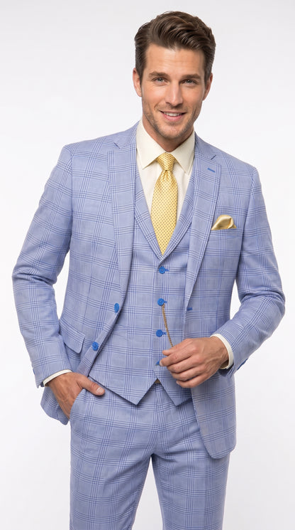 Men’s Sky Blue Glen Plaid 3 Piece Suit SV2W6, Windowpane Checkered Vested Formal Wedding Prom Suit