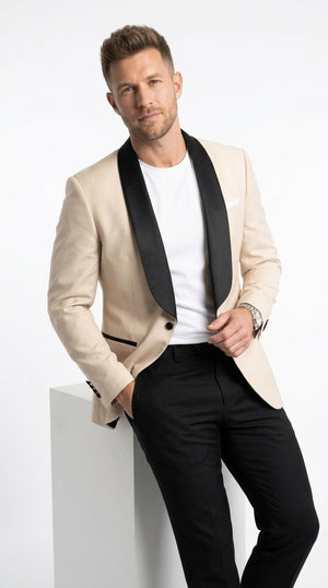 Men’s Champagne Light Tan Tuxedo Dinner Jacket, One Button Formal Blazer with Black Satin Shawl Lapel for Weddings and Prom