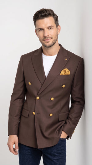 Men’s Brown Double Breasted Blazer, Wool Feel 6 Button Sport Coat with Gold Buttons for Weddings and Formal Events