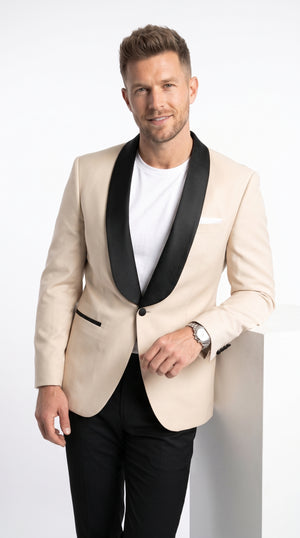 Men’s Champagne Light Tan Tuxedo Dinner Jacket, One Button Formal Blazer with Black Satin Shawl Lapel for Weddings and Prom
