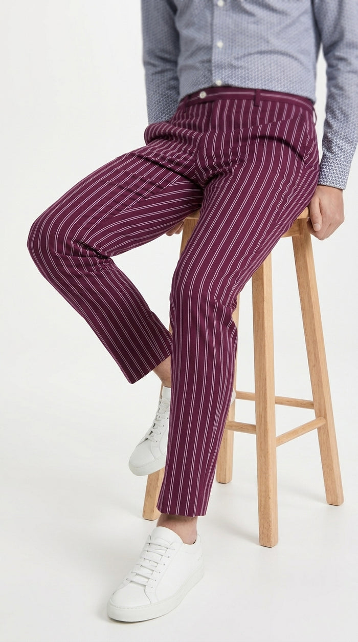 Men’s slacks Wine Ganagster Chalk Striped ~ Pinstripe 1920's Style Flat Front or  Pleated Pants Available In Big And Tall unhemmed unfinished bottom