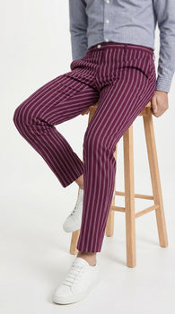 Men’s slacks Wine Ganagster Chalk Striped ~ Pinstripe 1920's Style Flat Front or  Pleated Pants Available In Big And Tall unhemmed unfinished bottom