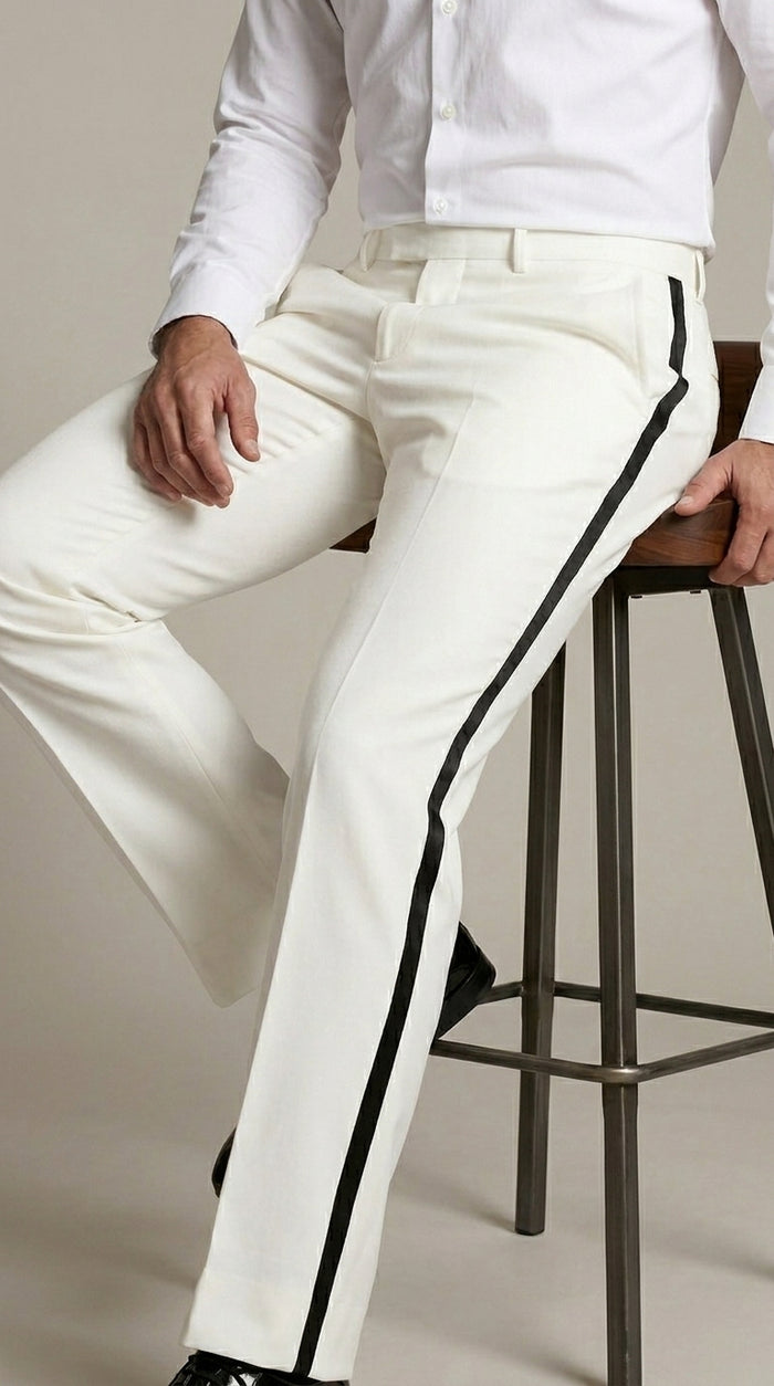 Men’s Ivory Tuxedo Pants with Black Satin Stripe, Flat Front Formal Dress Trousers