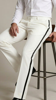 Men’s Ivory Tuxedo Pants with Black Satin Stripe, Flat Front Formal Dress Trousers
