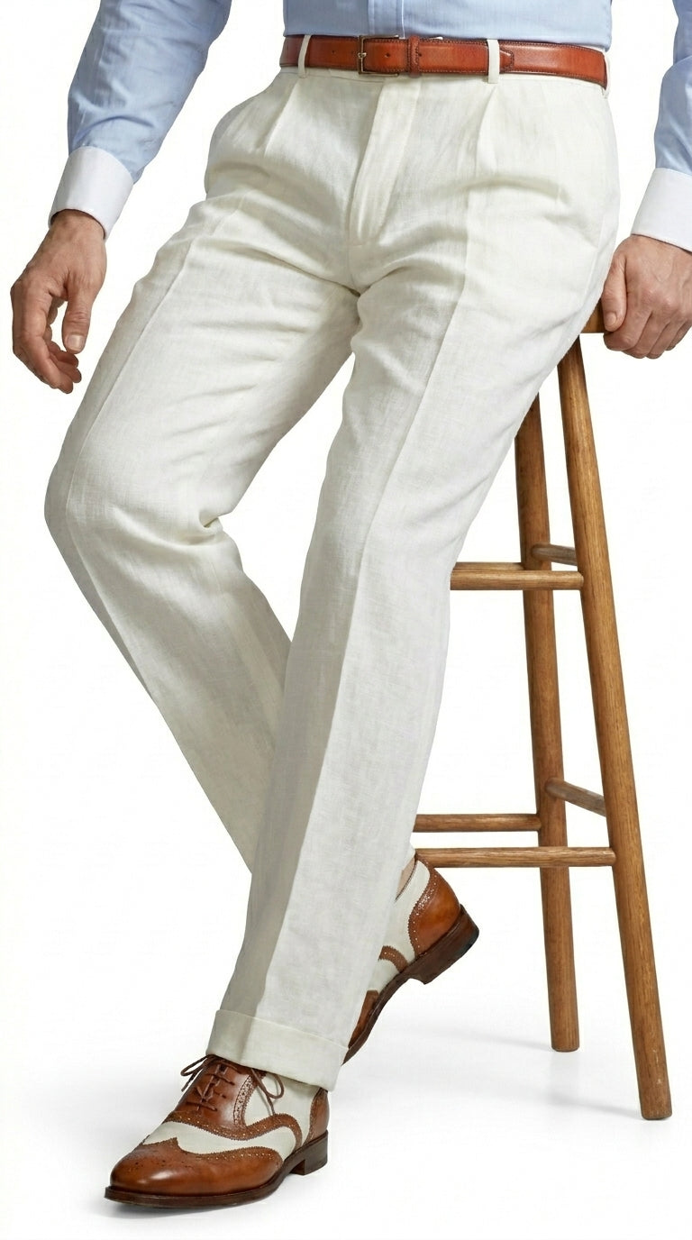 Men’s Ivory Cream Pleated Dress Pants, Off White Formal Trousers with Unhemmed Bottom