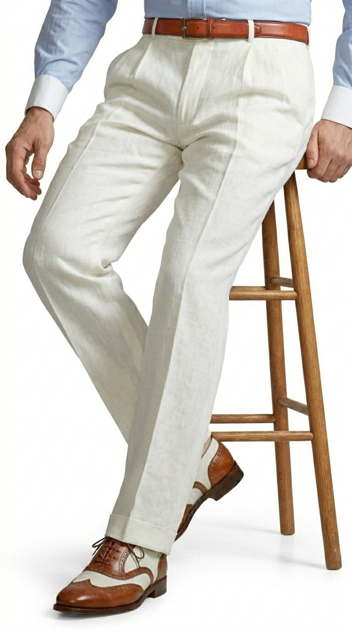 Men’s Ivory Cream Pleated Dress Pants, Off White Formal Trousers with Unhemmed Bottom