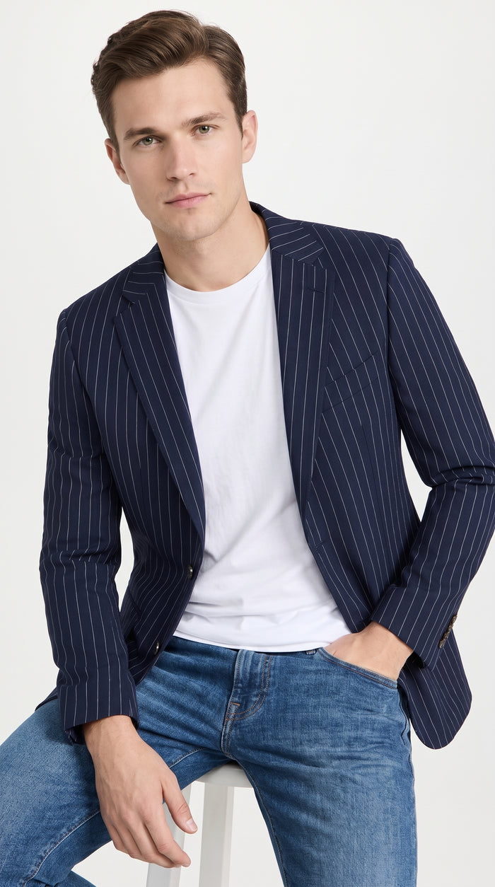 Men’s Navy Blue Chalk Pinstripe Blazer Sport Coat – 1920s Gangster Style Dress Jacket