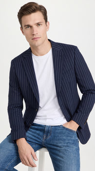Men’s Navy Blue Chalk Pinstripe Blazer Sport Coat – 1920s Gangster Style Dress Jacket