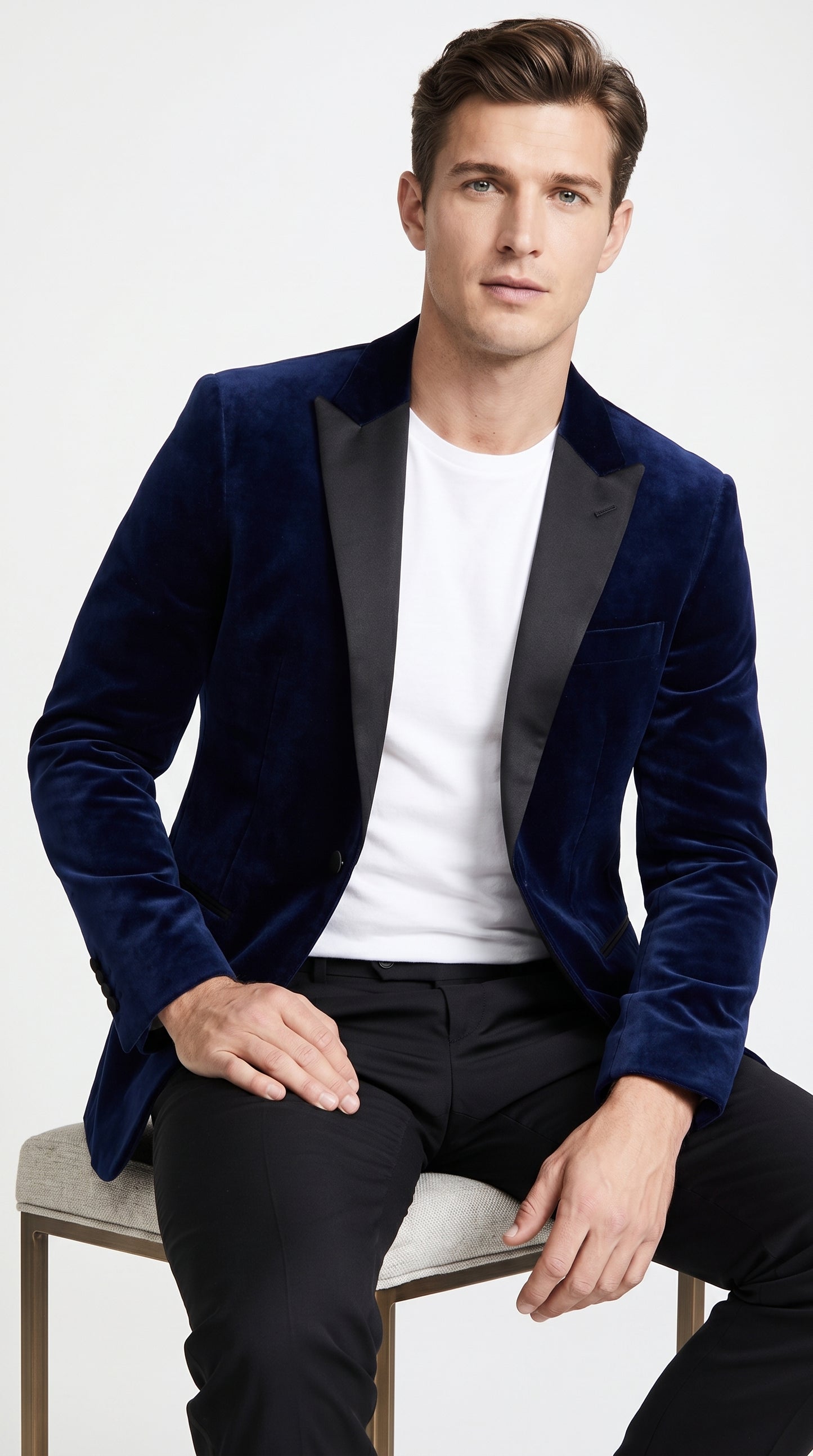 Men’s Navy Blue Velvet Tuxedo Jacket with Black Satin Lapel, Formal Sport Coat Dinner Blazer