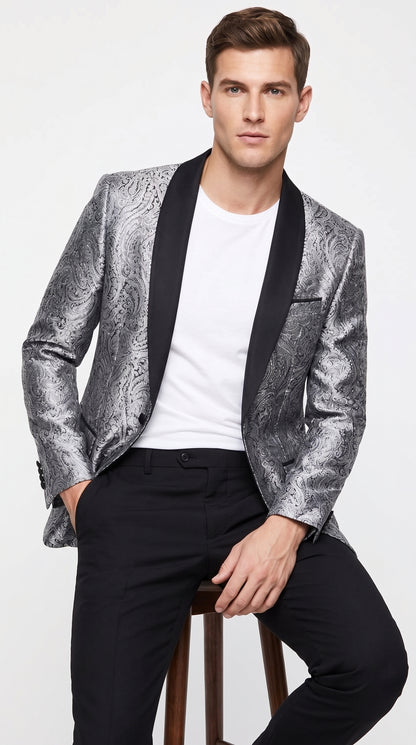 Alberto Nardoni Men's Silver Gray & Black Paisley Sequin Tuxedo Suit with Black Satin Shawl Lapel