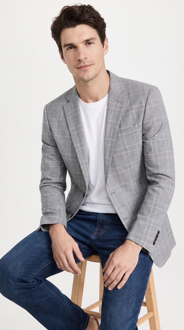 Men’s Light Grey Double Windowpane Plaid Western Blazer, Two Button Regular Fit Saco Vaquero Sport Coat
