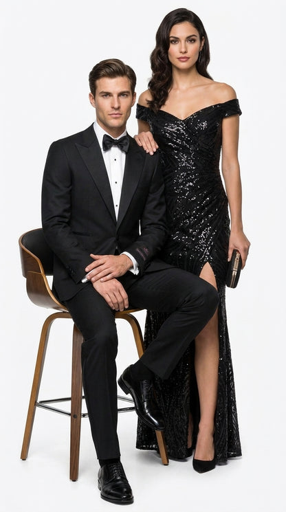 Tiglio Men’s Black Peak Lapel 2-Piece Suit – Classic Wedding, Business and Formal Suit