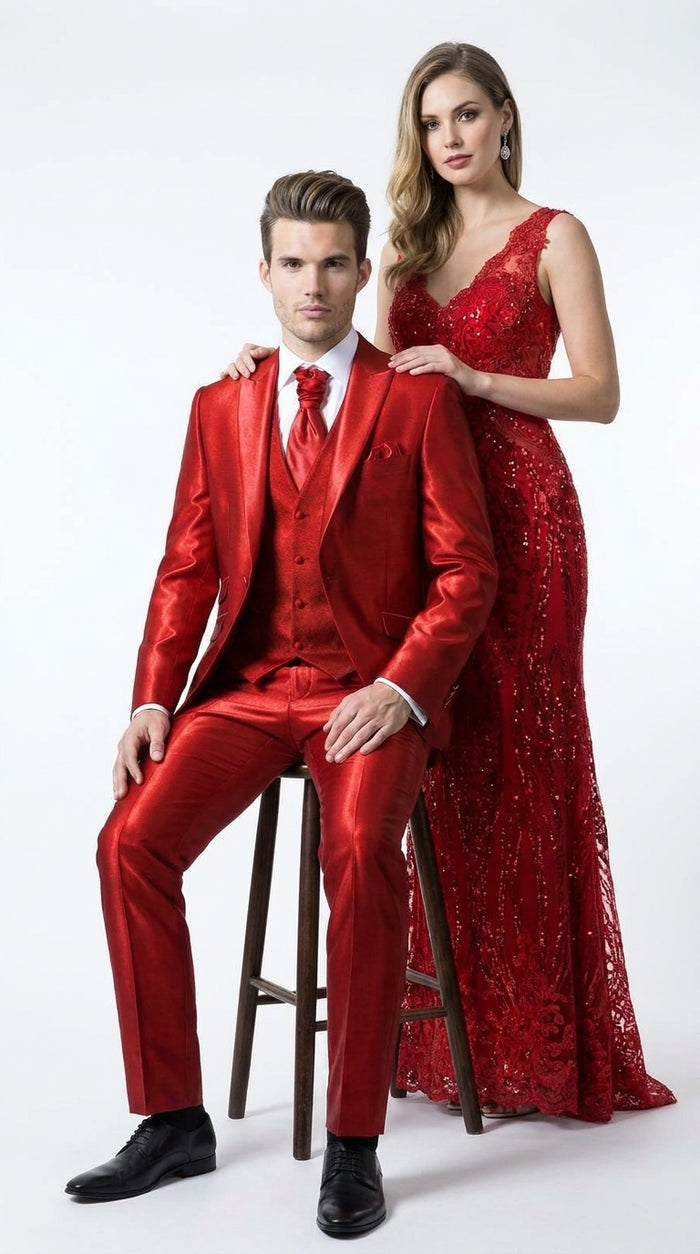 Men’s Red Shiny 3-Piece Suit – Satin Wedding, Prom, Party and Formal Suit with Vest