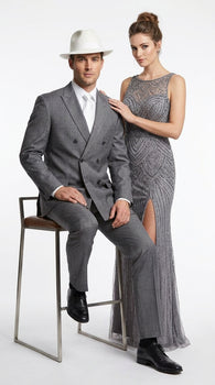 Men’s Grey 1920s Gangster Suit Package – Double-Breasted Suit with Untouchable Hat, Shirt and Tie