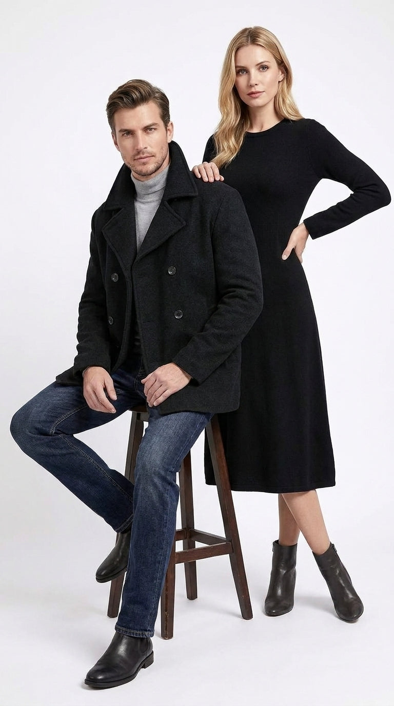 Men’s Black Big and Tall Wool Peacoat – Regular Fit Double-Breasted Winter Coat