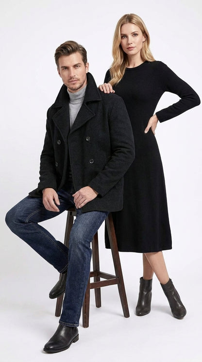 Men’s Black Big and Tall Wool Peacoat – Regular Fit Double-Breasted Winter Coat