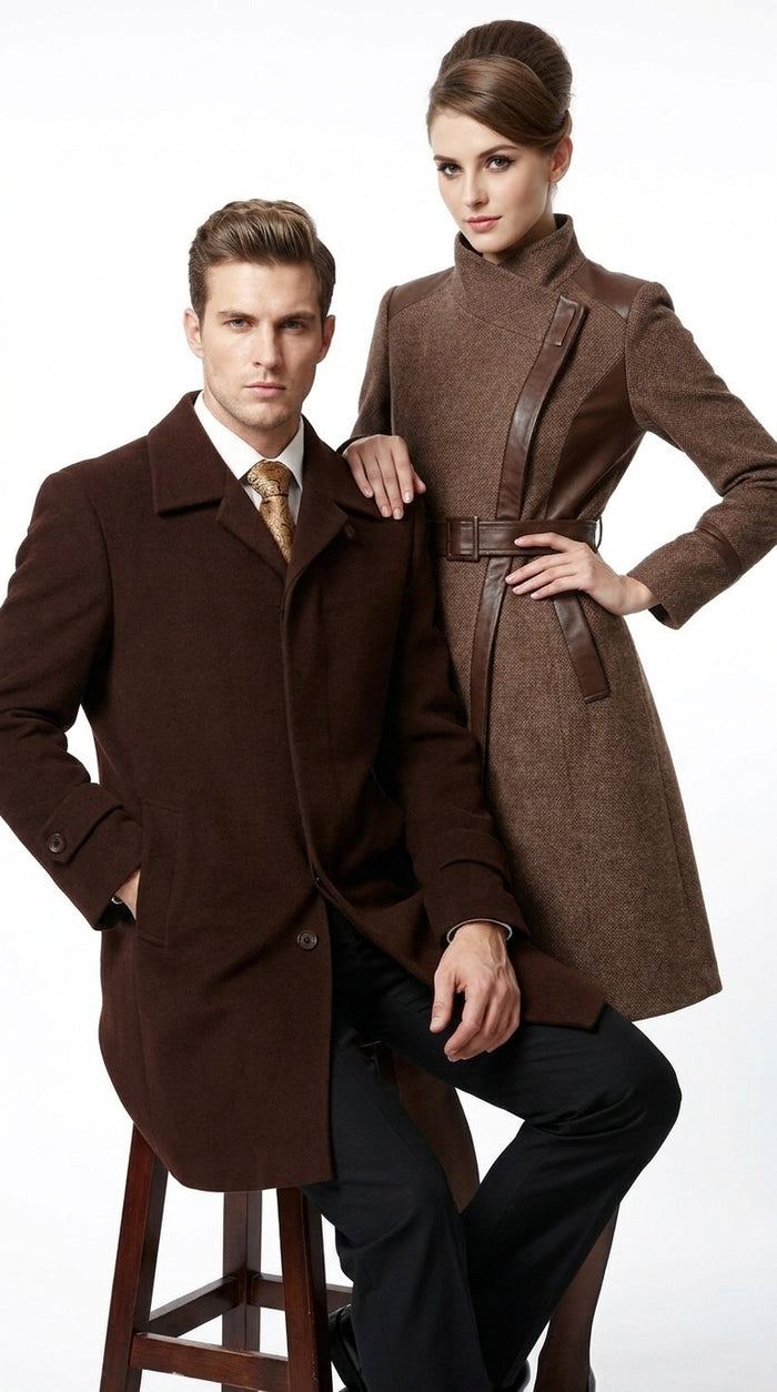 Men’s Brown Plush Microfiber Top Coat – Classic Full-Length Dress Coat for Business, Church and Formal Wear