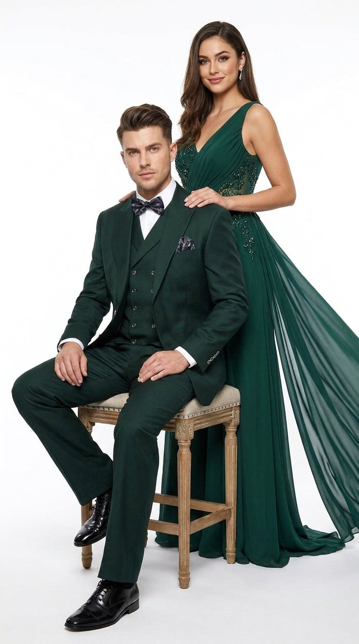 Men’s Hunter Green Big and Tall 3-Piece Wool Suit – Classic Fit Peak Lapel Suit with Double-Breasted Vest and Pleated Pants