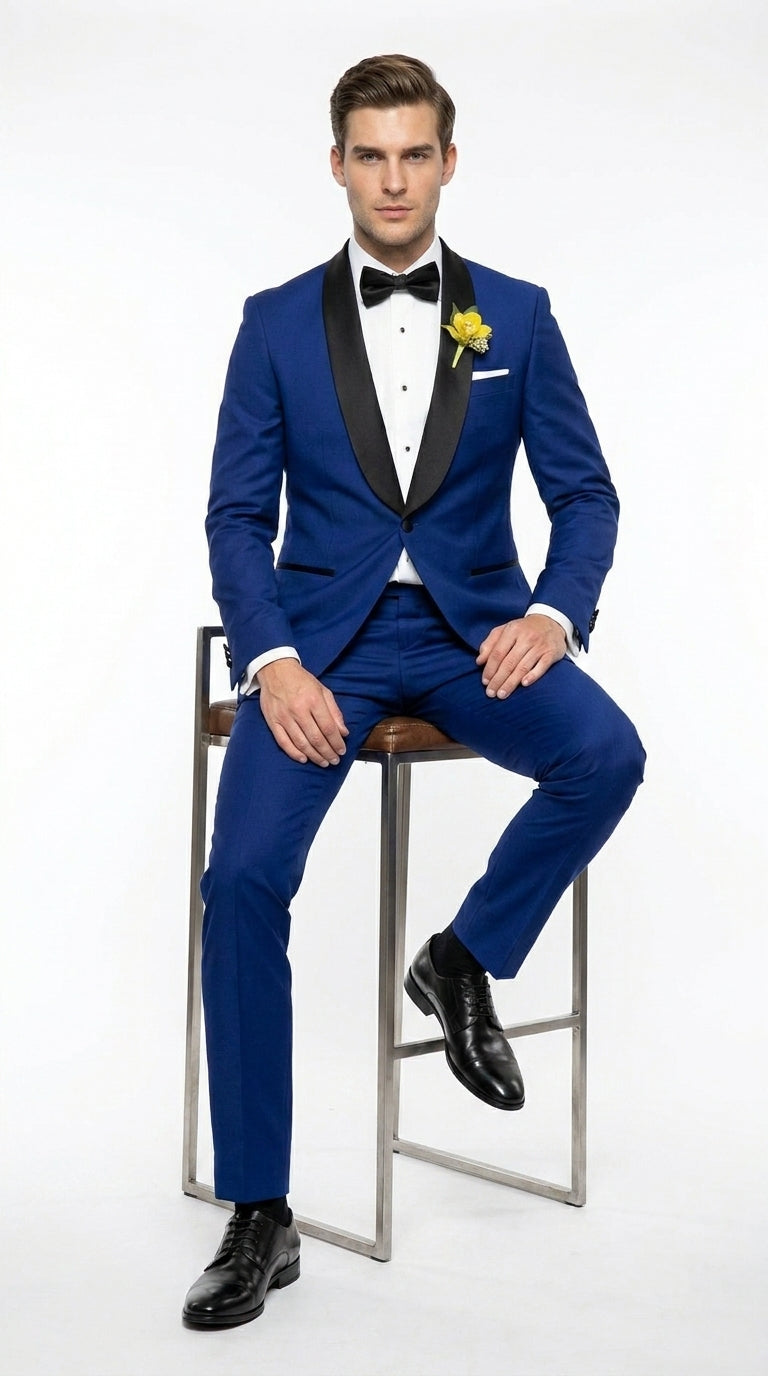 Men’s Royal Blue Tuxedo Dress Suit with Black Shawl Lapel, Formal Wedding Prom Suit