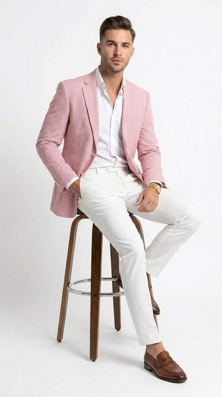 Men’s Light Red Seersucker Blazer Jacket with Notch Lapel, Dress Casual Sport Coat