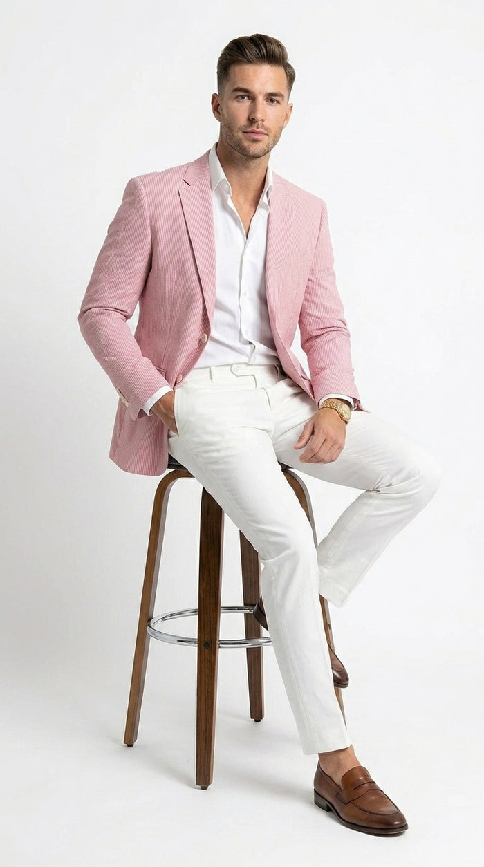 Men’s Light Red Seersucker Blazer Jacket with Notch Lapel, Dress Casual Sport Coat