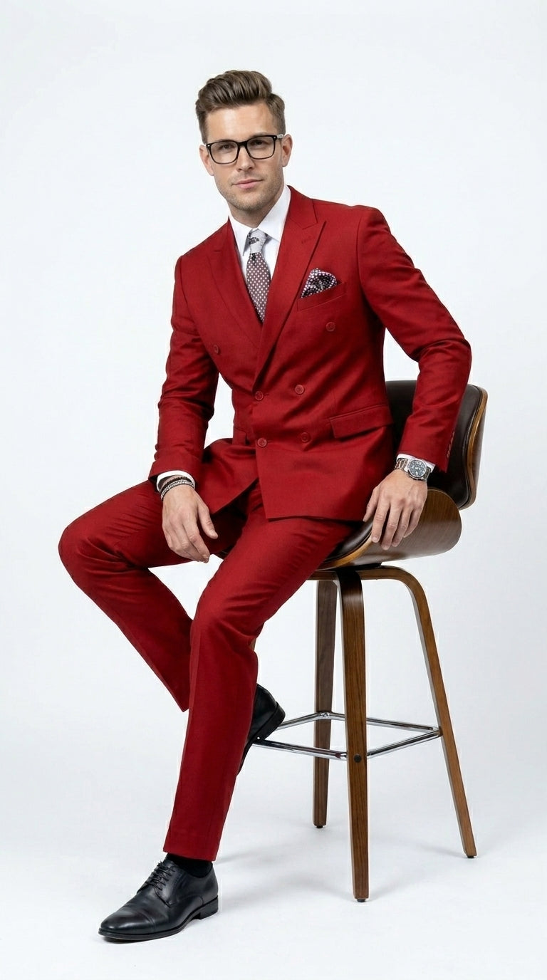 Men’s Modern Double Breasted Peak Lapel Suit – Red by EJ Samuel