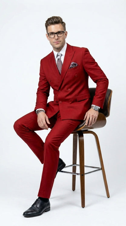 Men’s Modern Double Breasted Peak Lapel Suit – Red by EJ Samuel