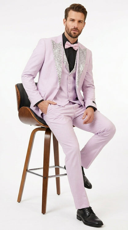 Gray and Pink Prom Tuxedo - Perfect Wedding Suit Vested rhinestone sequin Lapelled