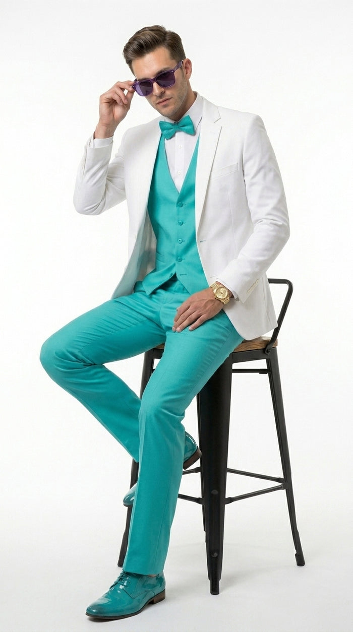 White and Turquoise Tuxedo Wedding Suit - White Dinner Jacket + Vest + Pants + Bow-tie