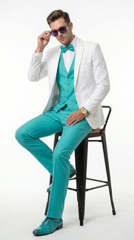 White and Turquoise Tuxedo Wedding Suit - White Dinner Jacket + Vest + Pants + Bow-tie