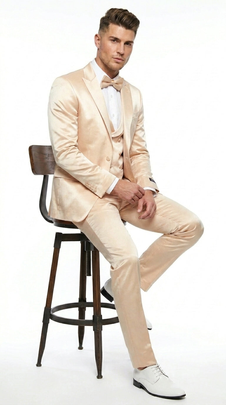 Champagne Suit - Light Gold Color Shiny Suit - Sateen Suit - Wedding Tuxedo Suit