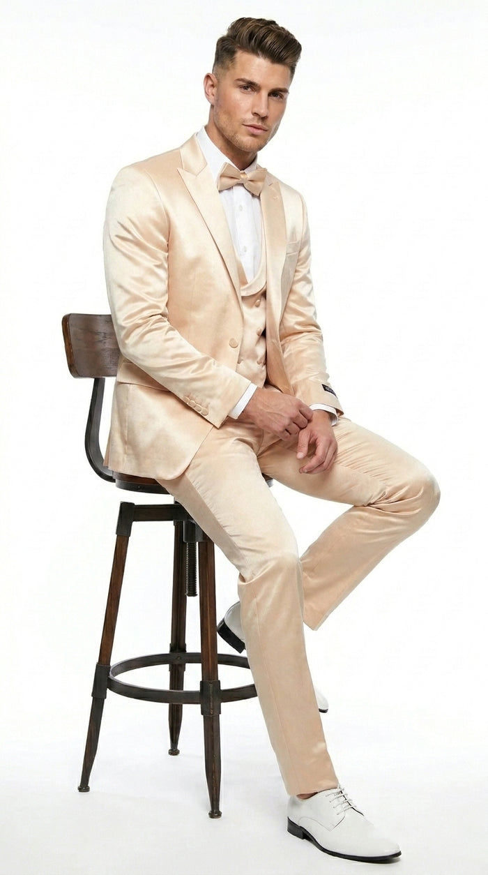 Champagne Suit - Light Gold Color Shiny Suit - Sateen Suit - Wedding Tuxedo Suit