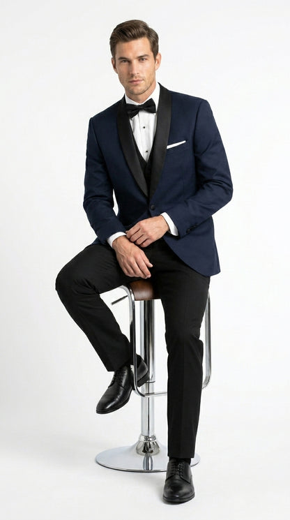 Suit Midnight Dark Navy Blue Suit For Men Tux With Black Lapel Suit Shawl Collar 1 Button Dinner Jacket Looking