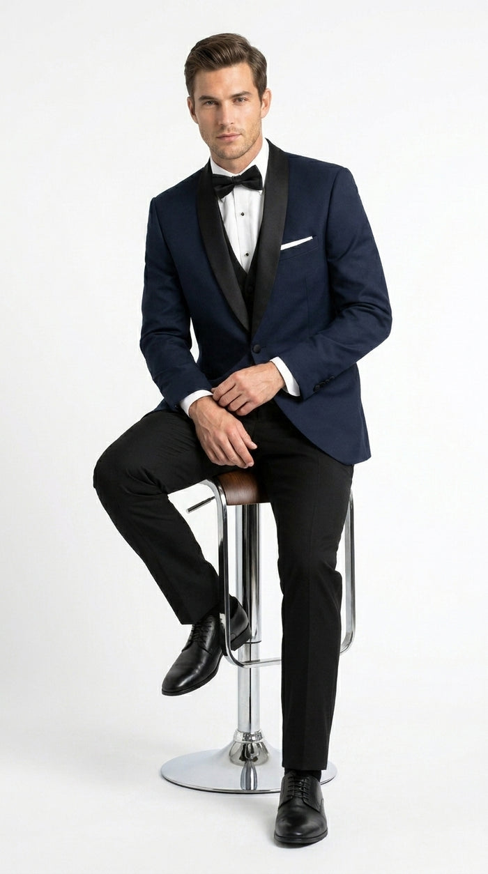 Suit Midnight Dark Navy Blue Suit For Men Tux With Black Lapel Suit Shawl Collar 1 Button Dinner Jacket Looking
