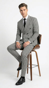 Men’s Black and White Houndstooth 2 Piece Wool Suit with Double Breasted Jacket and Pants