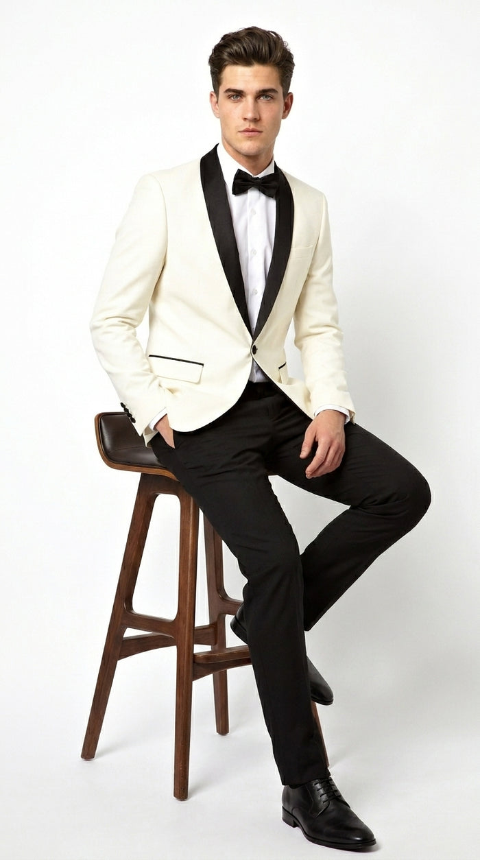 Men’s Ivory Cream Dinner Jacket Tuxedo with Black Shawl Lapel, White Blazer and Black Trouser Formal Suit for Weddings, Prom, Parties, and Special Occasions