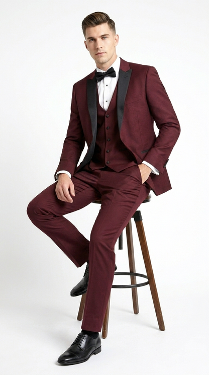 Men’s Burgundy Wine Tuxedo Suit with Black Peak Lapel, Jacket and Pants Formal Dinner Suit