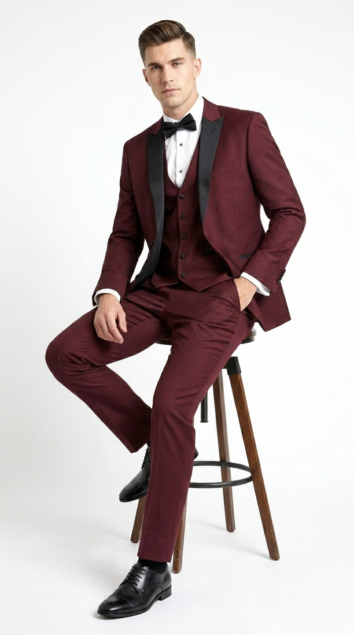 Men’s Burgundy Wine Tuxedo Suit with Black Peak Lapel, Jacket and Pants Formal Dinner Suit