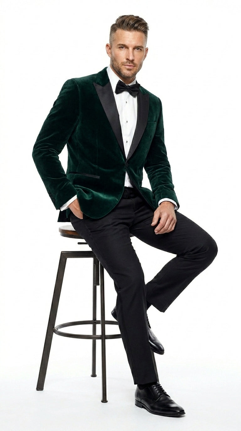 Men’s Olive Hunter Green Velvet Tuxedo Jacket with Black Satin Lapel, Formal Wedding Dinner Blazer