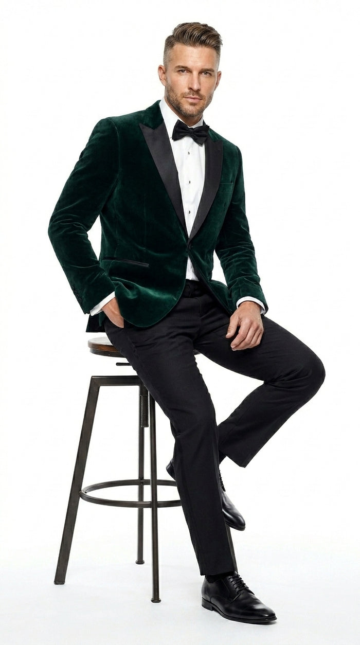 Men’s Olive Hunter Green Velvet Tuxedo Jacket with Black Satin Lapel, Formal Wedding Dinner Blazer