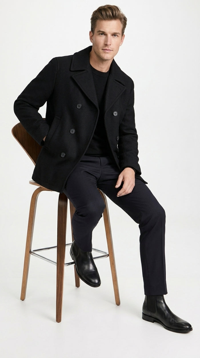 Men’s Black Big and Tall Wool Peacoat with Three Button Double Breasted Closure