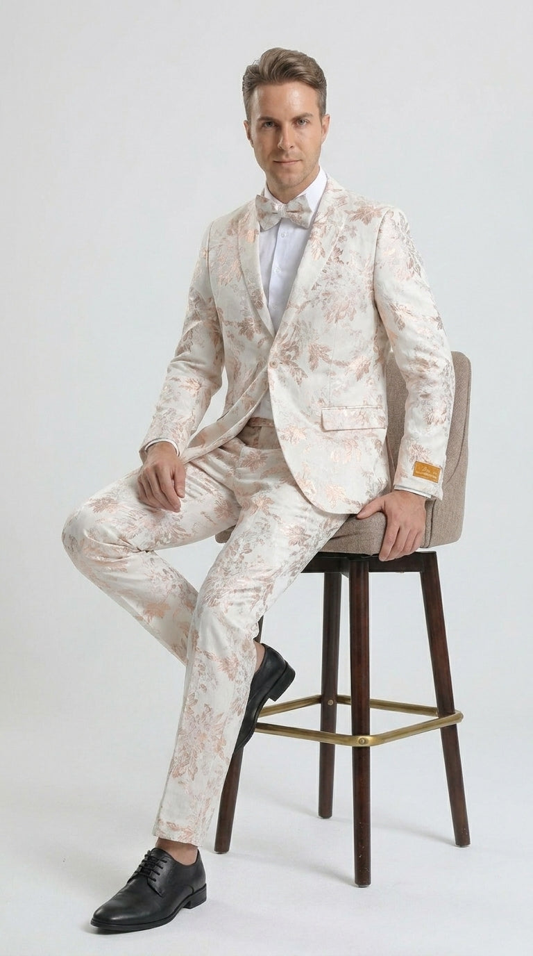 Men’s Gold and White Prom Suit with Floral Pattern Jacket, Matching Pants and Bow Tie Modern Fit
